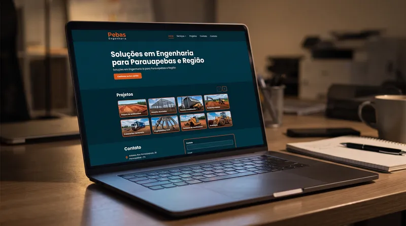 Notebook sobre uma mesa mostrando o exemplo de um site institucional de engenharia, com título, projetos e contato