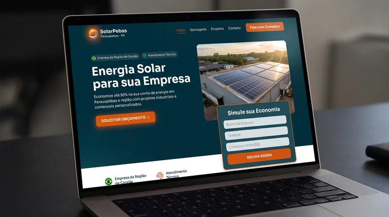 Notebook mostrando o exemplo de uma página de vendas de energia solar, com formulário para pedir orçamento