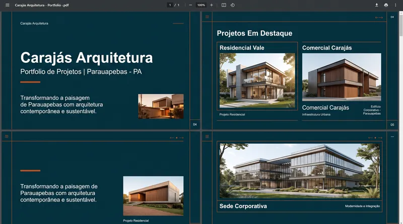 Exemplo de portfólio de projetos de arquitetura, em páginas com fotos de edifícios