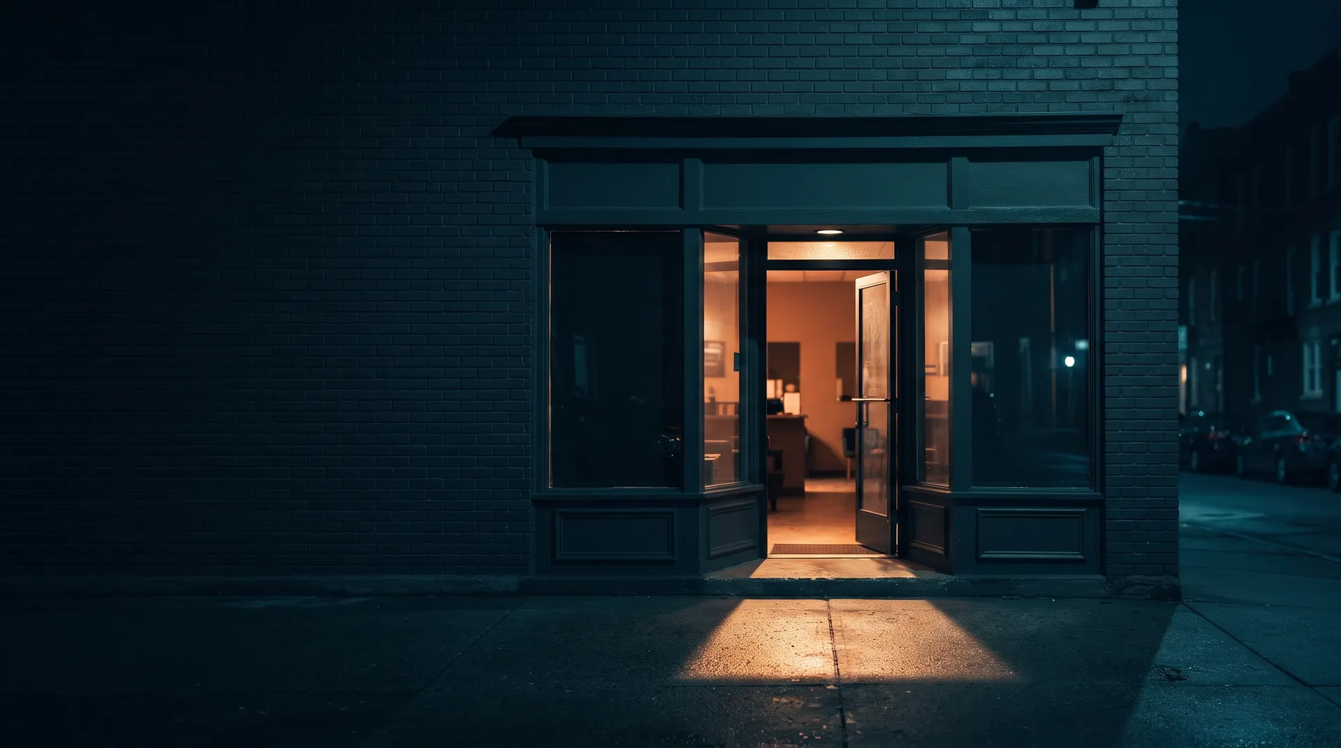 Porta de vidro aberta de uma pequena empresa à noite, com luz quente saindo para a calçada
